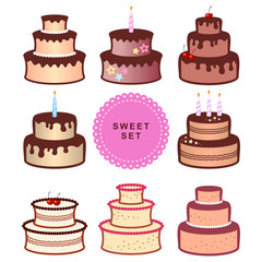 Vector illustration of a birthday cakes. Set of decorative elements for festive design, holiday greeting card, invitation, banner, and also for bakery design, sweet shop, pastry shop, confectionery