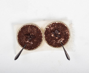 Panna cotta in a glass Cup, Italian dessert, creamy chocolate coffee jelly with chocolate pieces on...