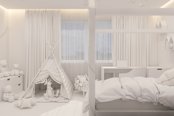 Fototapeta na wymiar The interior design girl playroom and bedroom in the Scandinavian style
