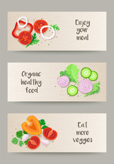 Set of creative banners with vegetables and leafy greens on wooden cutting board - flat lay. Healthy food concept. Vector illustration for farm fresh market, online ordering, organic cafe menu