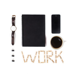 white table working set hours, notebook, mobile phone. Flat lay, top view