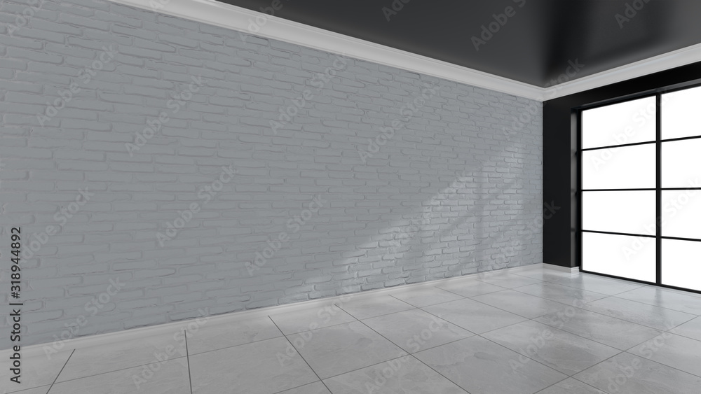 Poster empty room with large stained glass windows. 3d rendering.