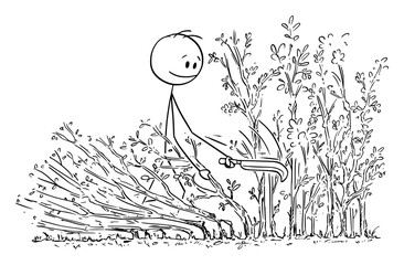 Vector cartoon stick figure drawing conceptual illustration of man or gardener laying traditional hedge on countryside in England.