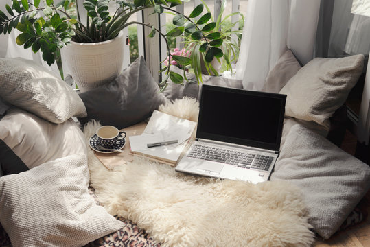 High Angle View Of Laptop By Window At Home