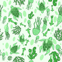 Seamless pattern with sea turtles, jellyfish, squid, seaweed. Vector graphics.