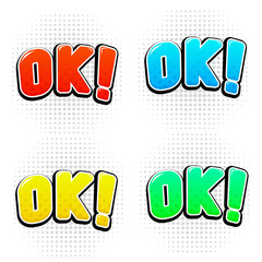 OK signs in comic book style. Colored set