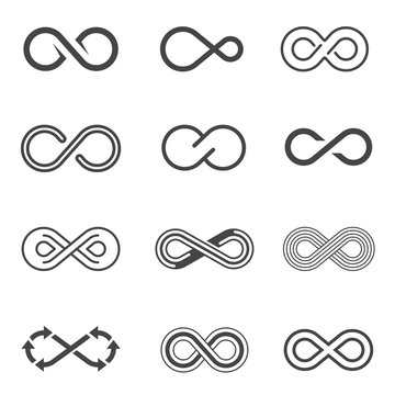 Infinity symbols, limitless signs linear icons set