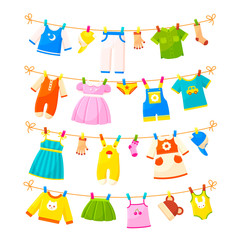 Washable baby clothes, childish things flat vector illustration