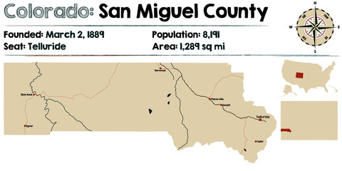 Fototapeta premium Large and detailed map of San Miguel county in Colorado, USA.