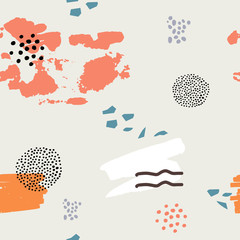 Abstract modern seamless pattern with hand drawn shapes, lines and dots. Trendy colorful digital paper illustration for backgrounds, backdrops and fashion designs.