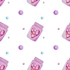 Watercolor love illustration, romantic  seamless pattern. Different pink sweets and a jar with a heart. On white background. For printing on wrapping paper, textiles for other purposes.