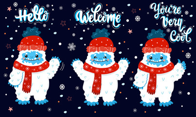 Cute snow yeti winter with lettering calligraphy quotes vector set. Happy cartoon yeti with red winter hat and scarf greeting, wave hand, approve. Hello, Welcome, You are Very Cool. Winter holidays - obrazy, fototapety, plakaty
