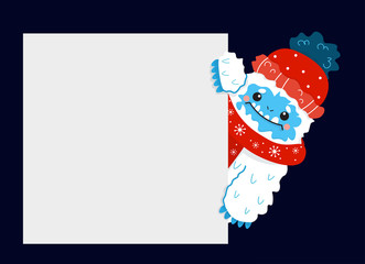 Cute snow yeti with blank sign placard vector image. Isolated on dark background. With winter clothes