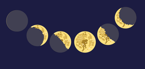 Vector drawing of the moon in seven phases of illumination