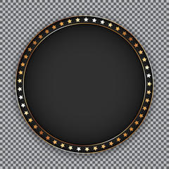 round black banner with golden frame and golden stars frame on transparent background