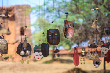 Bright souvenirs and puppets on the market in the ancient pagoda in Bagan, Myanmar