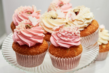 Pink and beige vanilla cupcakes on glass stand, copy space. Dessert table for party. Holiday concept