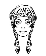 The face of a young woman with pigtails. Black and white colors. Comic book style.