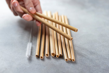 Bamboo drinking straws with Zero - waste. Ecological concept. Concept zero waste.