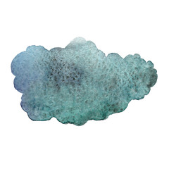 Dark blue watercolor stain, isolated on a white background. Shape of cloud. Turquoise color. Hand drawn decorative element. Textured background