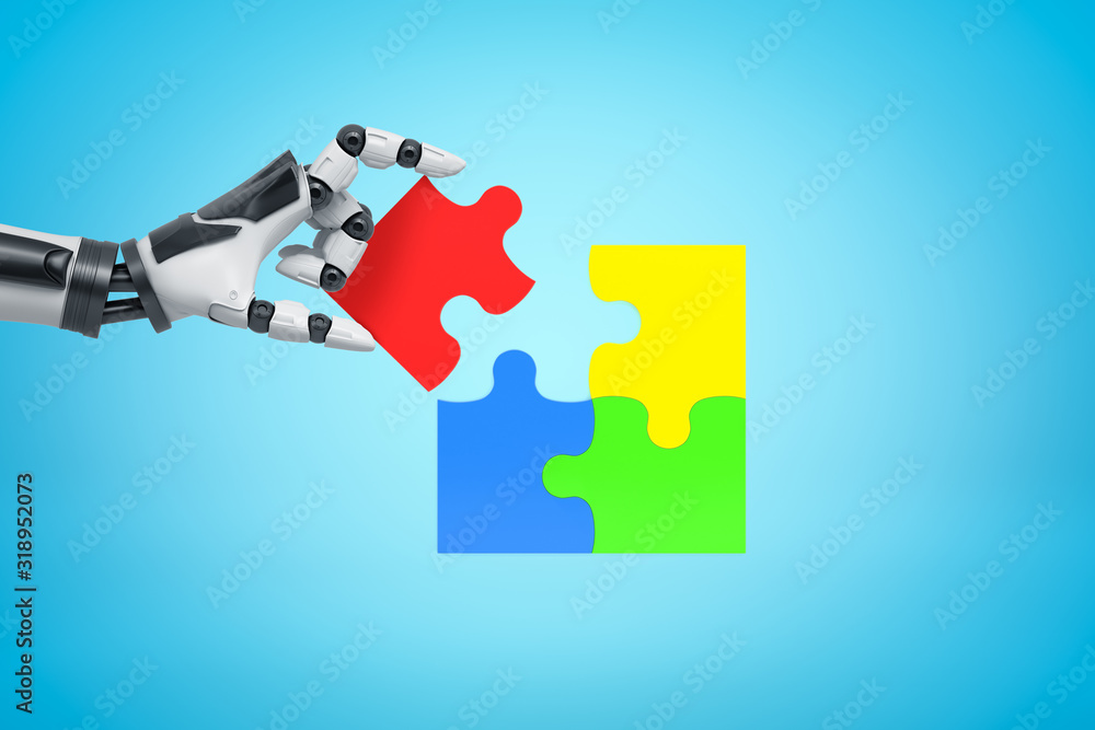 Aufkleber 3d rendering of robotic hand with colorful puzzle pieces on blue background