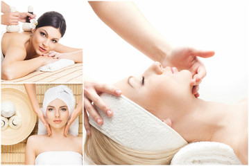 Obraz na płótnie Canvas Women relaxing in spa collection. Wellness, healing, rejuvenation, health care and aroma therapy.