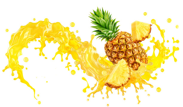 Fresh ripe pineapple, slices cut and pineapple juice splash wave. Healthy food or tropical fruit drink liquid ad label design. Tasty smoothie splash isolated, healthy diet concept on white background