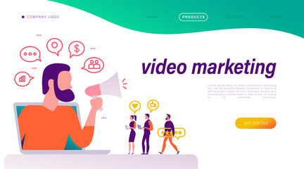Video marketing concept. People at laptop, man with megaphone metaphor. Landing page design template. Video, media, review, finance icons. Vector flat illustration. 