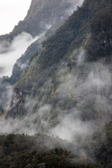 Clouds and fog at Doubtfull Sound. Fjordland New Zealand. South Island.