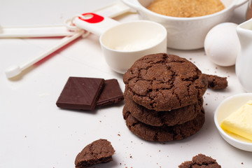 chocolate chip cookies close up on white