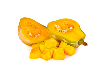 half and square cut fresh butternut pumpkin with stem on white background