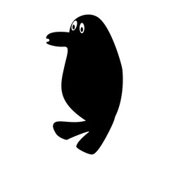 Silhouette of a cute penguin with big eyes. The animal stands on its feet with flippers. Isolated vector on a white background.