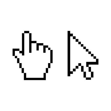 Pixel cursors icons: mouse hand arrow. Vector Illustration.
