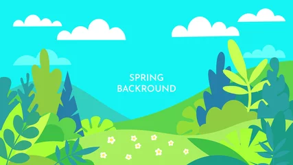  Vector illustration in trendy flat simple style - spring and summer background with copy space for text - landscape with plants, leaves, flowers - background for banner, card, poster. Flat design © Yurii