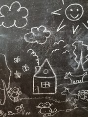 children's drawing on the chalkboard, hand drawn set of design elements