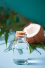 Coconut oil in a bottle with coconuts, flower Plumeria frangipani and green palm tree leaf. Healthy Food, skin care concept.