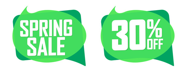 Spring Sale, 30% off, bubble banners design template, discount tags, app icons, vector illustration