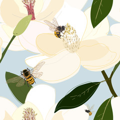 Bees collect nectar from the core of large flowers seamless vector pattern