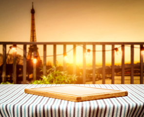 Table background of free space and city landscape of Paris. 