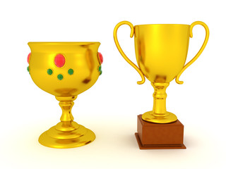 3D Rendering of gold cup and goblet