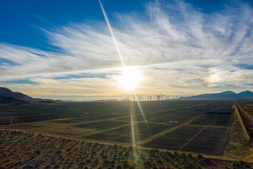 Aerial view of a solar panel field in the mojave desert