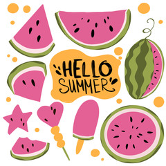 Digital flat illustration set of bright juicy watermelons, slices, ice cream and watermelon desserts. Lettering hello summer. Print for banners, stickers, posters, web design, fabrics.