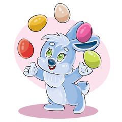 cute bunny is juggling Easter eggs that are painted in different colors for the holiday, vector illustration