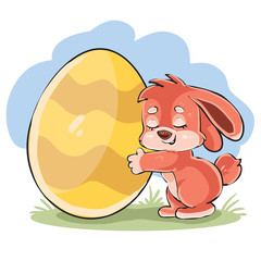 cute bunny tenderly hugs a big easter egg, vector illustration