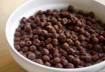 White plate with chocolate cereal for breakfast.