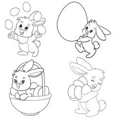 set of easter hares with eggs, drawn in black line, all on separate layers, vector illustration