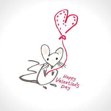 Sketch card funny mouse in love. Happy Valentine's Day handwritten lettering. Valentines day holidays typography print, postcard, t-shirt and more. Vector illustration