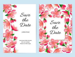 Spring invitations with blossom sakura, cherry flowers. Place for text. Great for oriental ivite, flyer, beauty offer, wedding, bridal shower, poster, baby shower, Mother's and Woman's day.