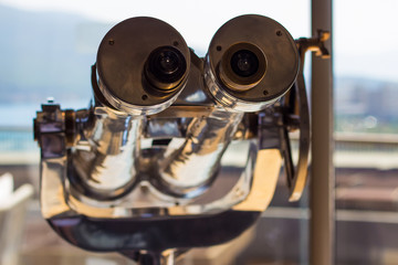 Observation deck with coin operated binocular on the territory of a big luxury hotel in Bodrum, Mugla, Turkey. Viewer in Lounge Area. Beautiful  decoration of interior. Turkish holiday vacation.