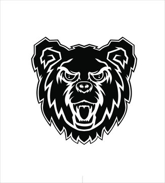 Bear head vector logo.Silhouette stencil drawing illustration of the face of a ferocious angry enraged infuriated animal isolated on white background.Badge, emblem,label,tattoo,sticker,embroidery.